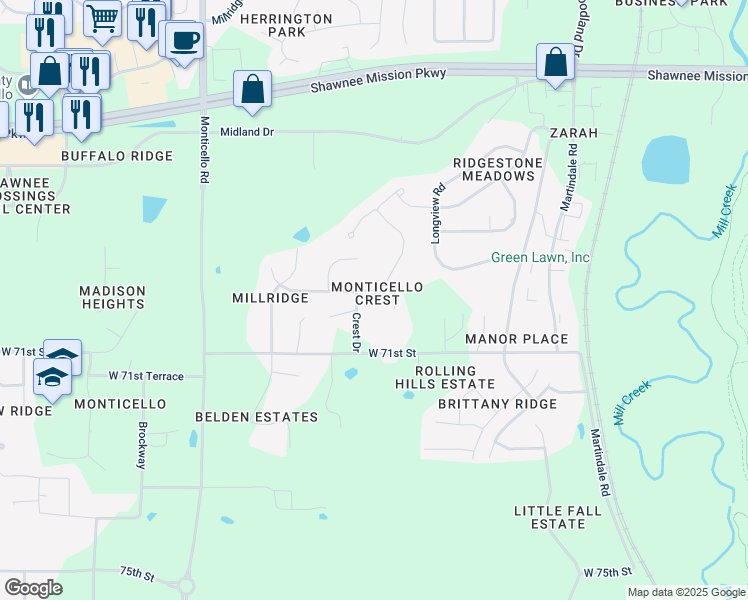 map of restaurants, bars, coffee shops, grocery stores, and more near 7002 Marion Drive in Shawnee