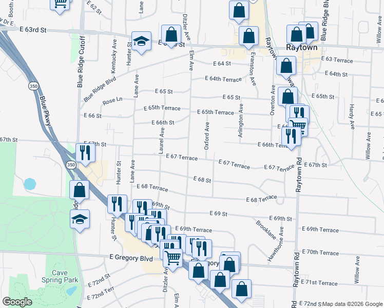 map of restaurants, bars, coffee shops, grocery stores, and more near 9300 East 67 Terrace in Raytown