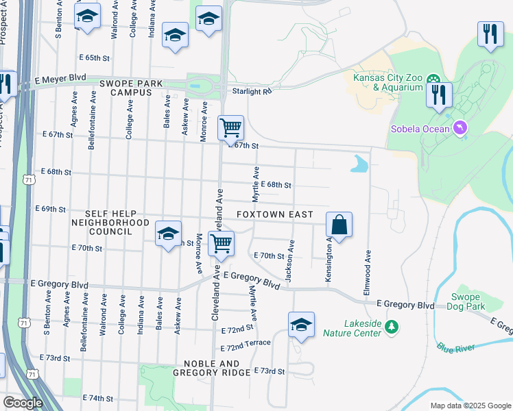 map of restaurants, bars, coffee shops, grocery stores, and more near 4001 East 68th Terrace in Kansas City