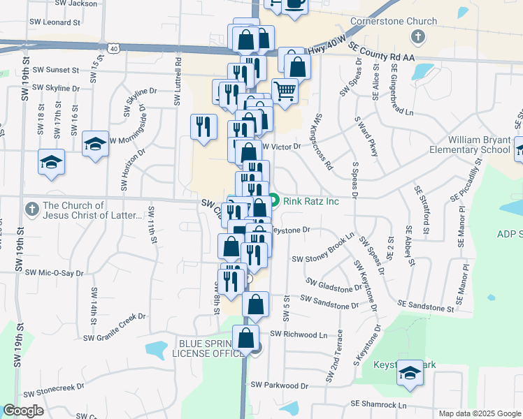 map of restaurants, bars, coffee shops, grocery stores, and more near 1412 Missouri 7 in Blue Springs