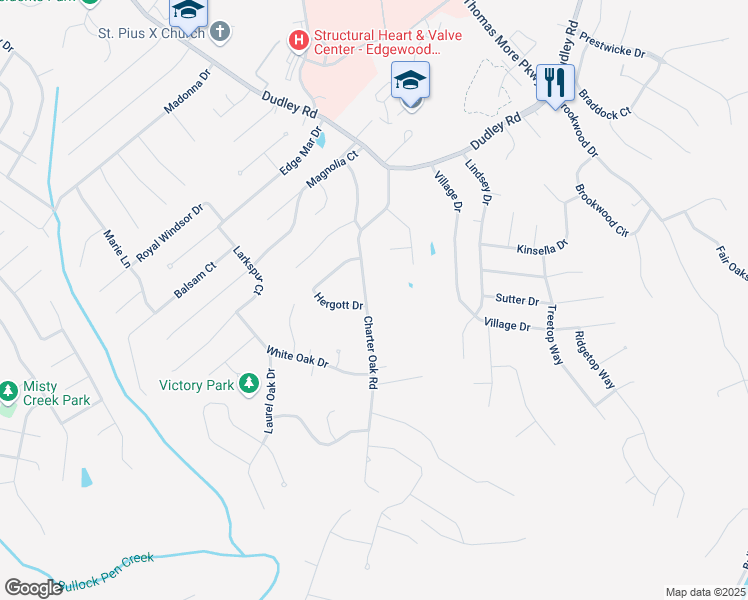 map of restaurants, bars, coffee shops, grocery stores, and more near 3073 Charter Oak Road in Edgewood