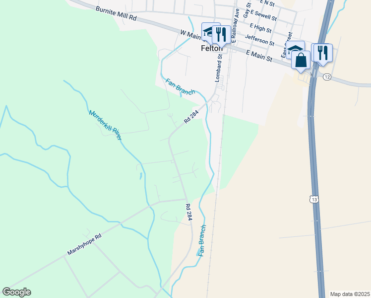 map of restaurants, bars, coffee shops, grocery stores, and more near 5302 Little Mastens Corner Road in Felton