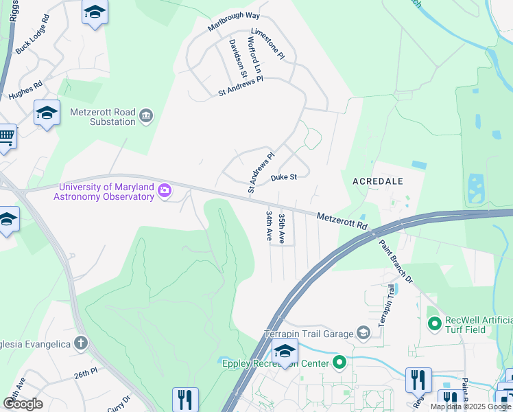 map of restaurants, bars, coffee shops, grocery stores, and more near 3421 Metzerott Road in College Park