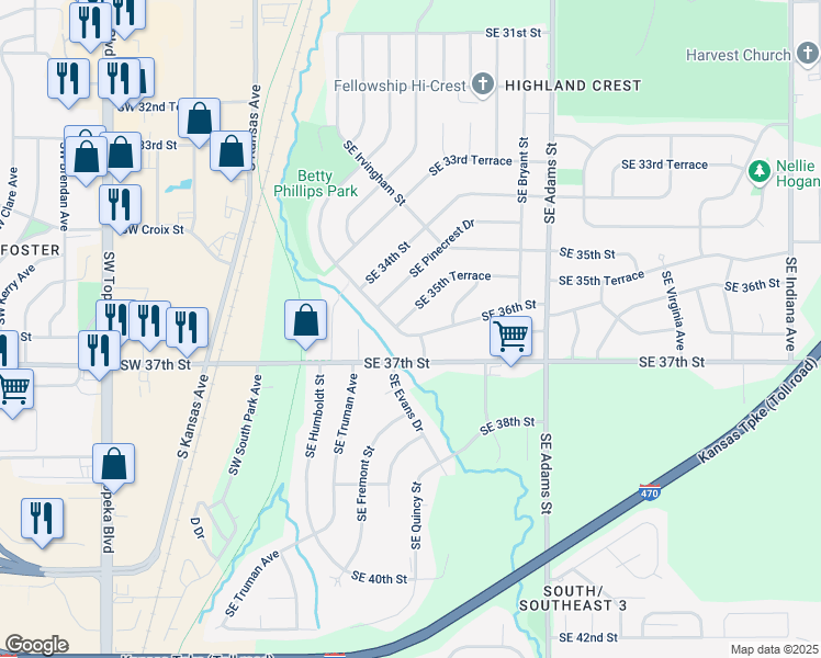 map of restaurants, bars, coffee shops, grocery stores, and more near 3522 Southeast Girard Street in Topeka