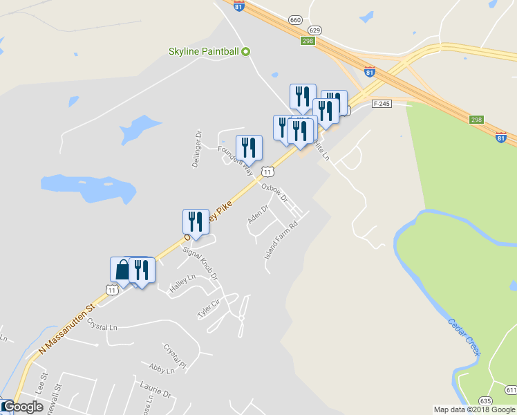 map of restaurants, bars, coffee shops, grocery stores, and more near 142 Aden Drive in Strasburg