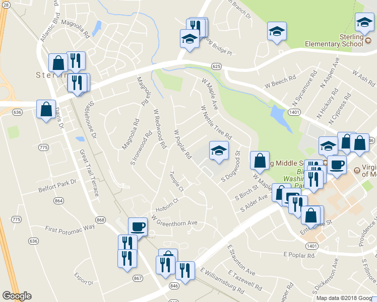 map of restaurants, bars, coffee shops, grocery stores, and more near 818 South Filbert Court in Sterling