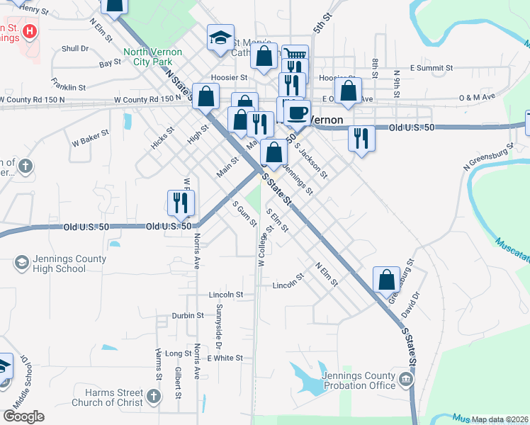 map of restaurants, bars, coffee shops, grocery stores, and more near 30 West College Street in North Vernon
