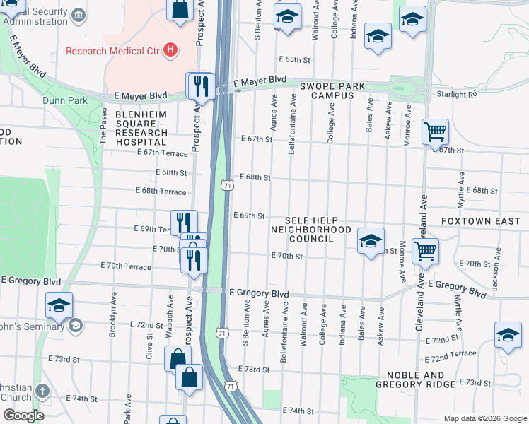 map of restaurants, bars, coffee shops, grocery stores, and more near 2916 East 69th Street in Kansas City