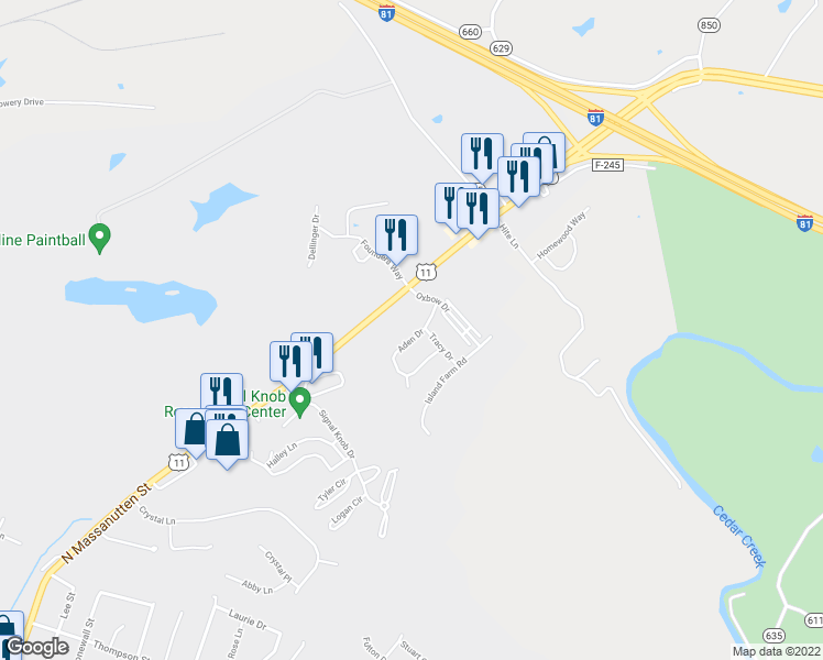 map of restaurants, bars, coffee shops, grocery stores, and more near 142 Aden Drive in Strasburg