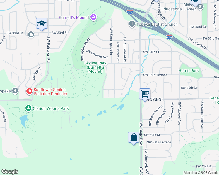 map of restaurants, bars, coffee shops, grocery stores, and more near 4818 Southwest 36th Terrace in Topeka