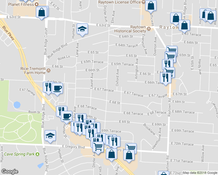 map of restaurants, bars, coffee shops, grocery stores, and more near 9300 East 67 Terrace in Raytown