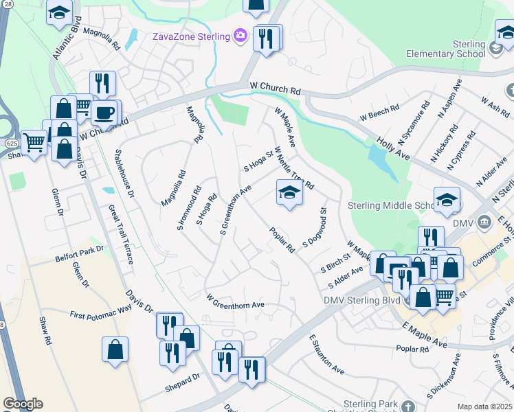 map of restaurants, bars, coffee shops, grocery stores, and more near 818 South Filbert Court in Sterling