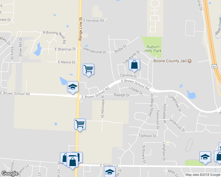 map of restaurants, bars, coffee shops, grocery stores, and more near 1312 East Brown School Road in Columbia