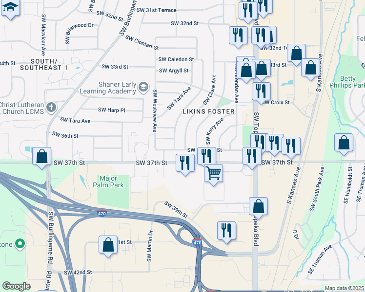 map of restaurants, bars, coffee shops, grocery stores, and more near 3643 Southwest Clare Avenue in Topeka