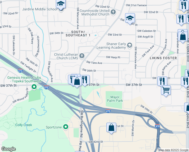 map of restaurants, bars, coffee shops, grocery stores, and more near 2016 Southwest 37th Street in Topeka