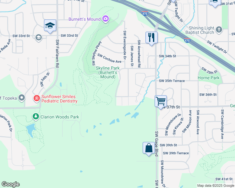 map of restaurants, bars, coffee shops, grocery stores, and more near 3501-3599 Southwest Skyline Parkway in Topeka