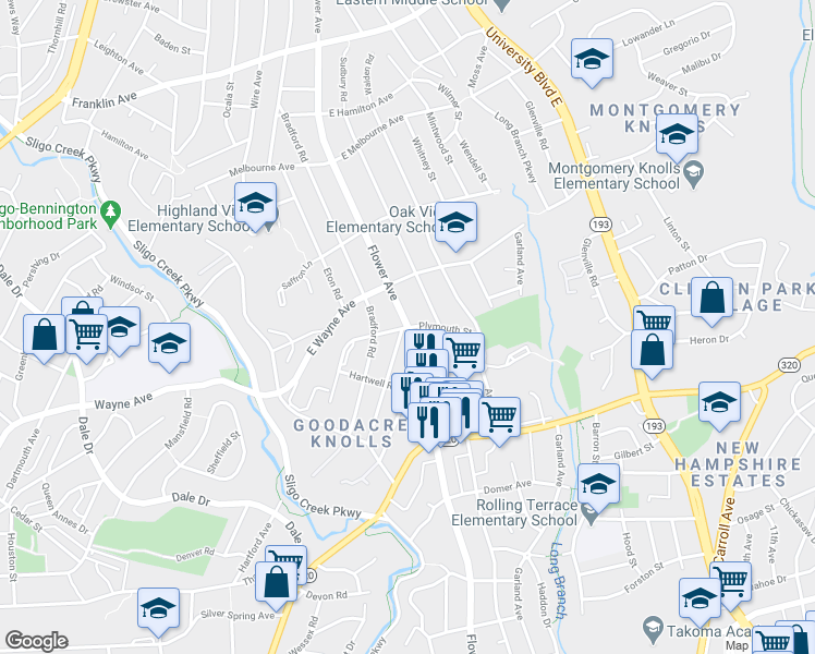 map of restaurants, bars, coffee shops, grocery stores, and more near Flower Avenue & Plymouth Street in Silver Spring