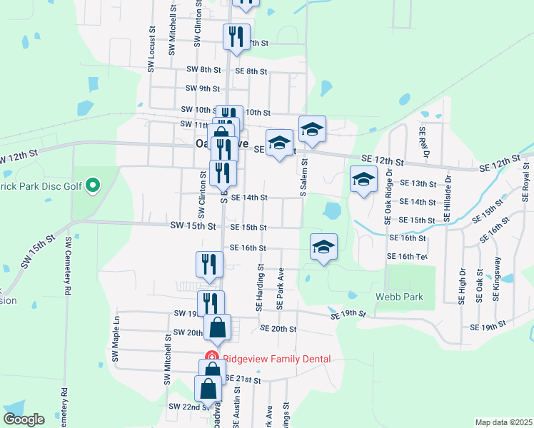 map of restaurants, bars, coffee shops, grocery stores, and more near 1405 South Harding Street in Oak Grove