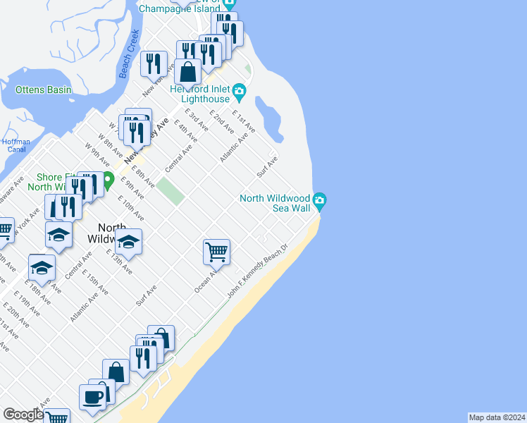 map of restaurants, bars, coffee shops, grocery stores, and more near 422 East 4th Avenue in North Wildwood