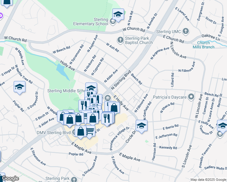 map of restaurants, bars, coffee shops, grocery stores, and more near 106 North Sterling Boulevard in Sterling