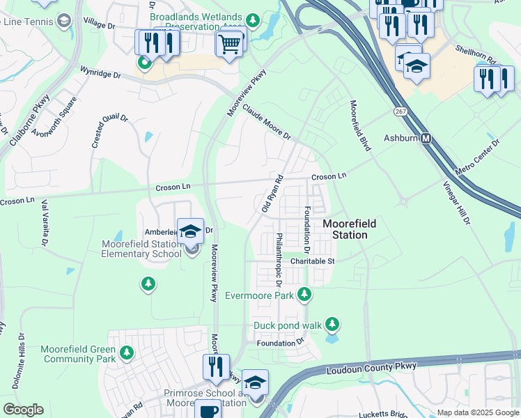 map of restaurants, bars, coffee shops, grocery stores, and more near 43348 Old Ryan Road in Ashburn