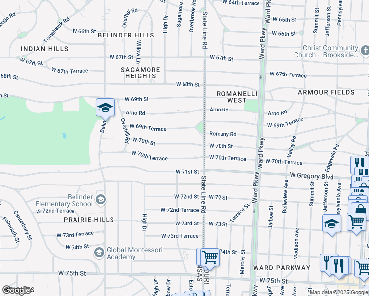 map of restaurants, bars, coffee shops, grocery stores, and more near 2018 West 70th Terrace in Mission Hills