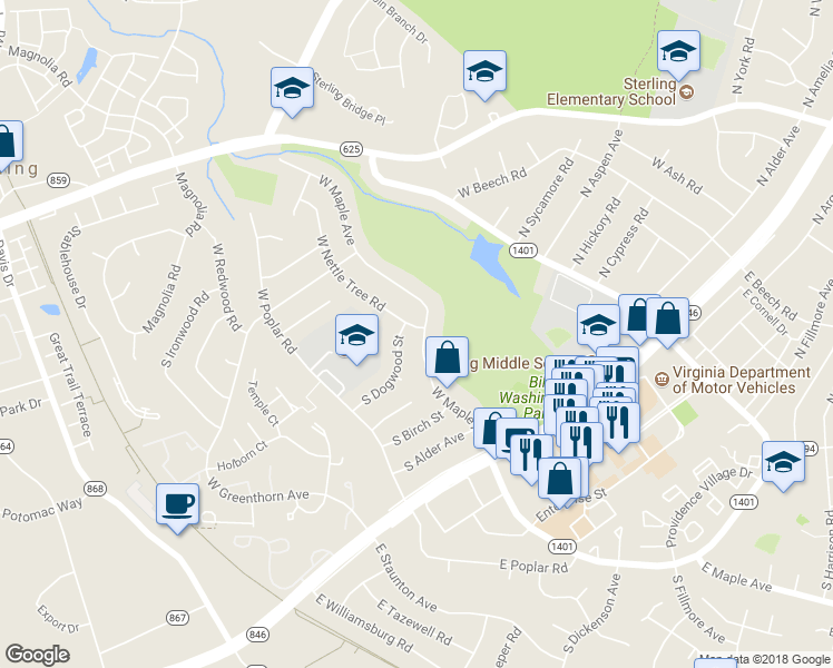 map of restaurants, bars, coffee shops, grocery stores, and more near 501 West Nettle Tree Road in Sterling