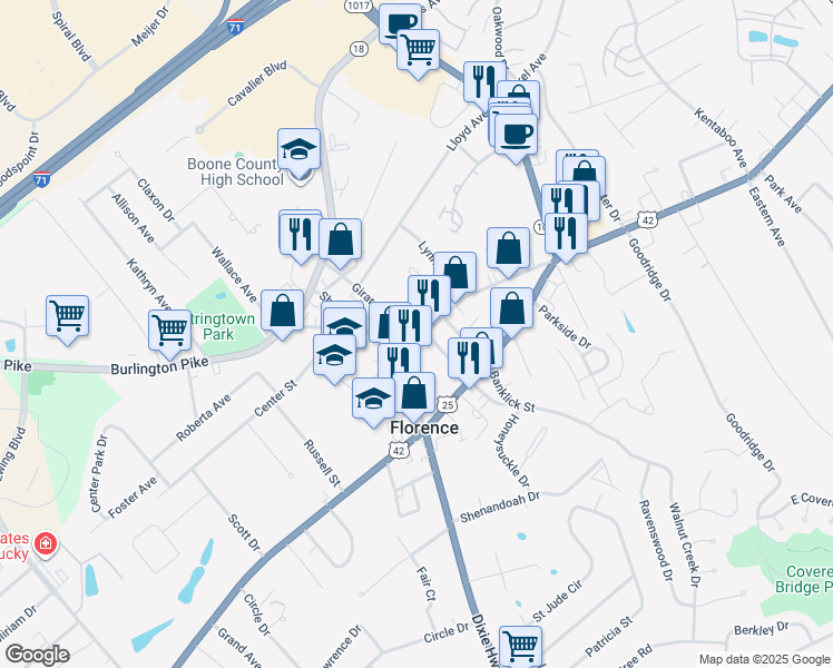 map of restaurants, bars, coffee shops, grocery stores, and more near 262 Main Street in Florence