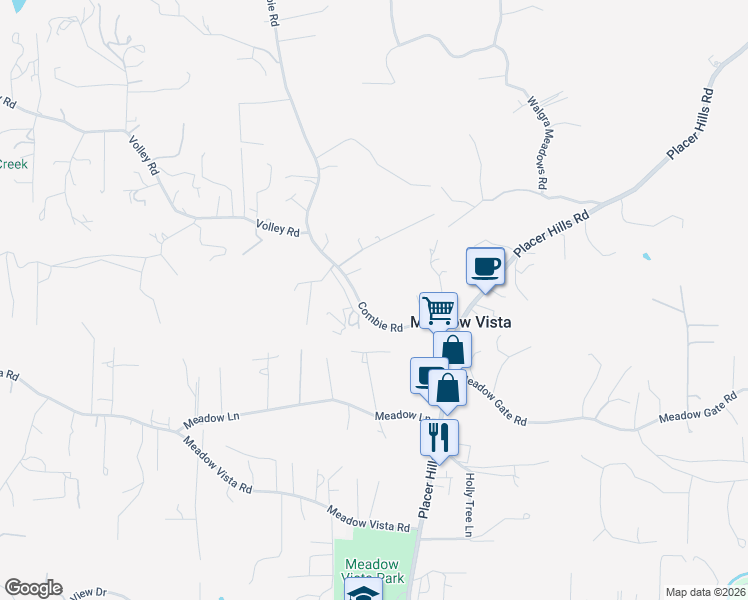 map of restaurants, bars, coffee shops, grocery stores, and more near 1250 Combie Road in Meadow Vista