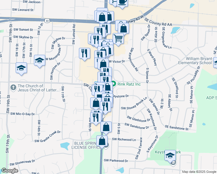 map of restaurants, bars, coffee shops, grocery stores, and more near 1412 Missouri 7 in Blue Springs