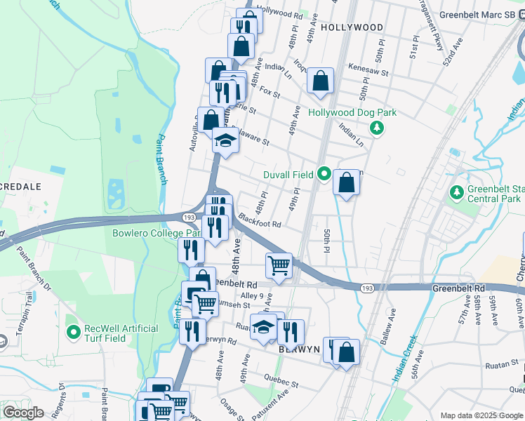 map of restaurants, bars, coffee shops, grocery stores, and more near 9023 48th Place in College Park