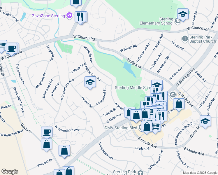 map of restaurants, bars, coffee shops, grocery stores, and more near 501 West Nettle Tree Road in Sterling