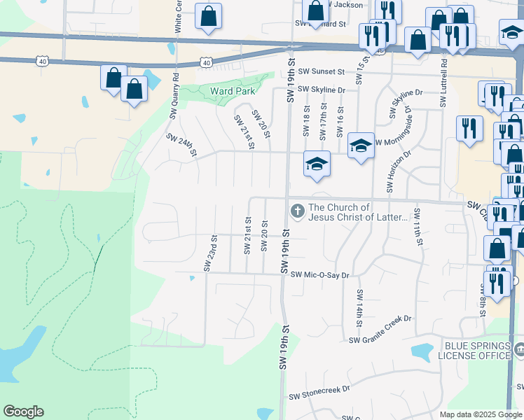 map of restaurants, bars, coffee shops, grocery stores, and more near 1409 Southwest 20 Street in Blue Springs