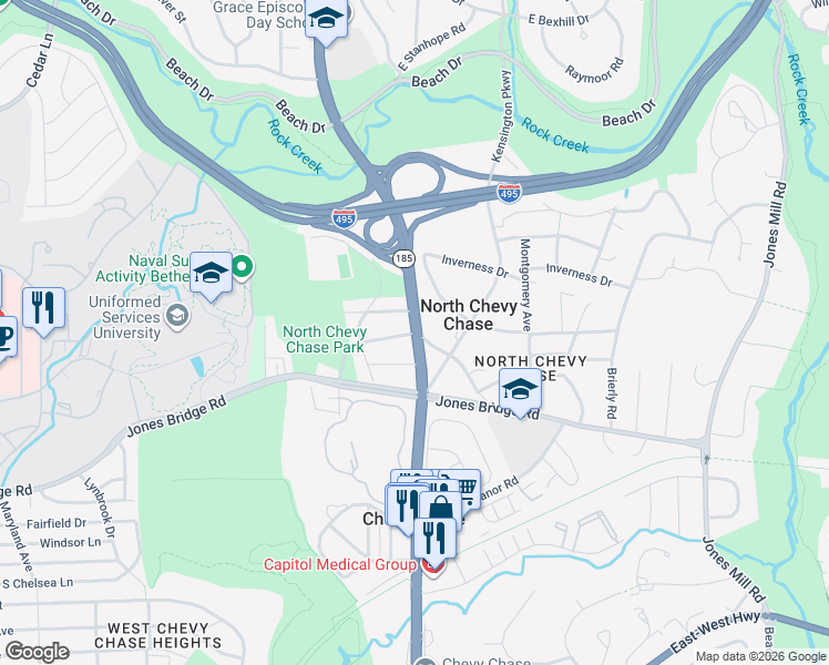 map of restaurants, bars, coffee shops, grocery stores, and more near Connecticut Ave & Montrose Dr in Chevy Chase