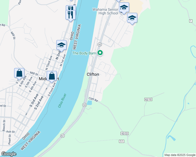 map of restaurants, bars, coffee shops, grocery stores, and more near 23 Columbia Street in Mason