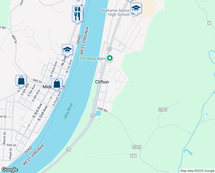map of restaurants, bars, coffee shops, grocery stores, and more near 23 Columbia Street in Mason