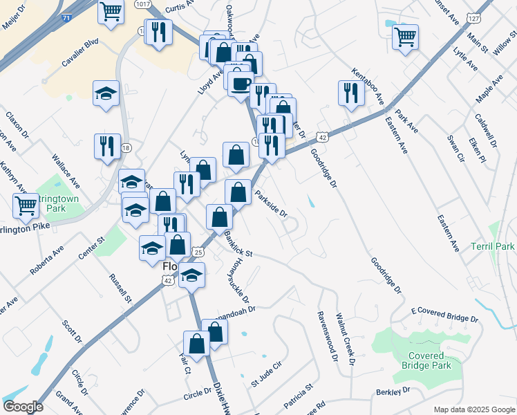 map of restaurants, bars, coffee shops, grocery stores, and more near 6843 Dixie Highway in Florence