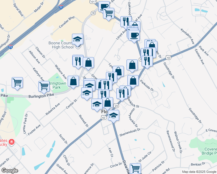 map of restaurants, bars, coffee shops, grocery stores, and more near 262 Main Street in Florence
