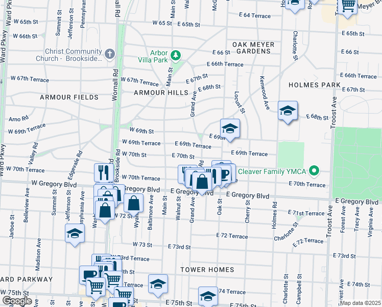 map of restaurants, bars, coffee shops, grocery stores, and more near 113 East 70th Street in Kansas City