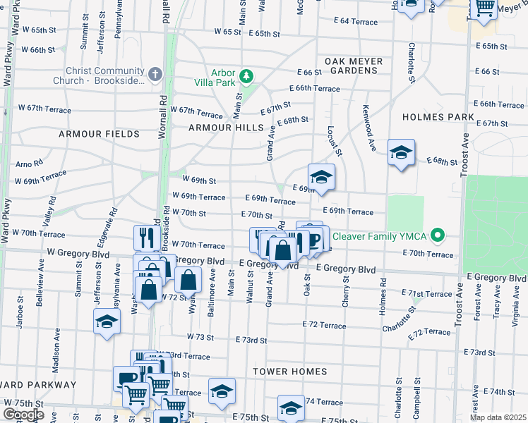 map of restaurants, bars, coffee shops, grocery stores, and more near 113 East 70th Street in Kansas City