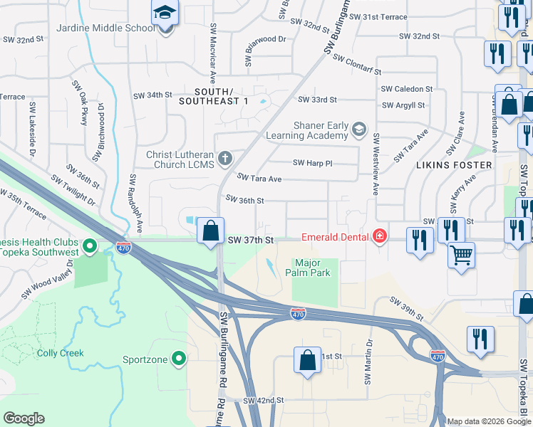 map of restaurants, bars, coffee shops, grocery stores, and more near 2016 Southwest 37th Street in Topeka