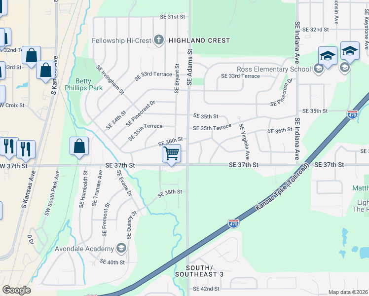 map of restaurants, bars, coffee shops, grocery stores, and more near 529 Southeast Colfax Place in Topeka