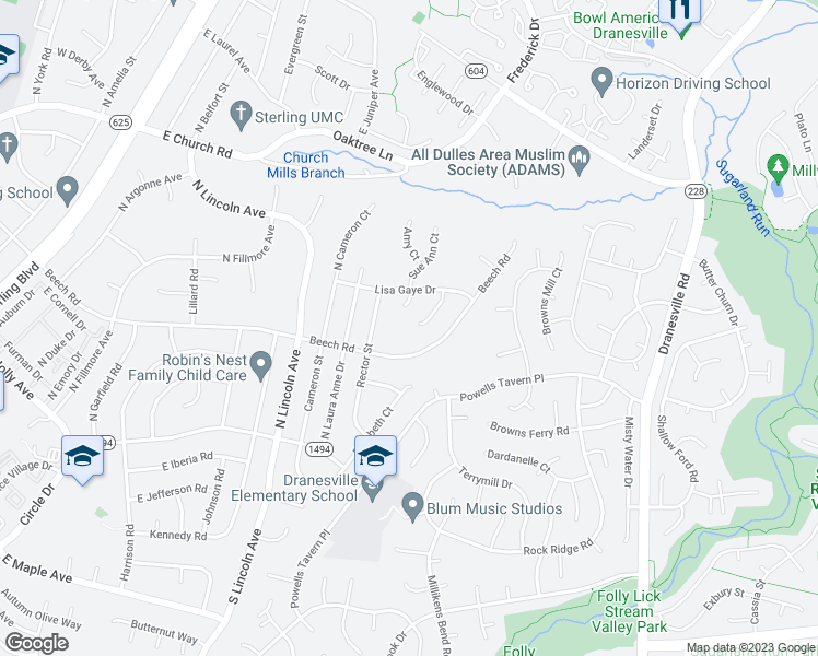 map of restaurants, bars, coffee shops, grocery stores, and more near 509 Cindy Court in Sterling
