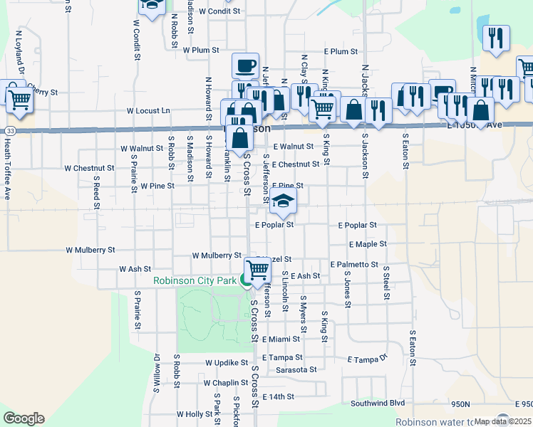 map of restaurants, bars, coffee shops, grocery stores, and more near 534 South Jefferson Street in Robinson