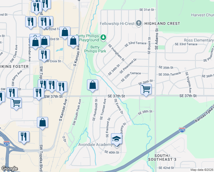 map of restaurants, bars, coffee shops, grocery stores, and more near 3610 Southeast Truman Court in Topeka