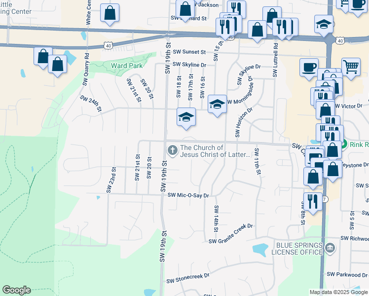 map of restaurants, bars, coffee shops, grocery stores, and more near 1804 Southwest West View Circle in Blue Springs