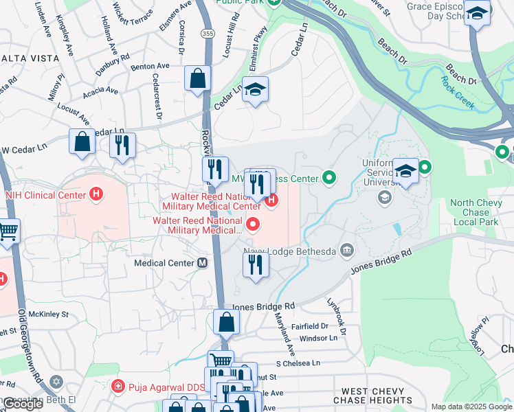map of restaurants, bars, coffee shops, grocery stores, and more near 8901 Wisconsin Ave # 9 in Bethesda