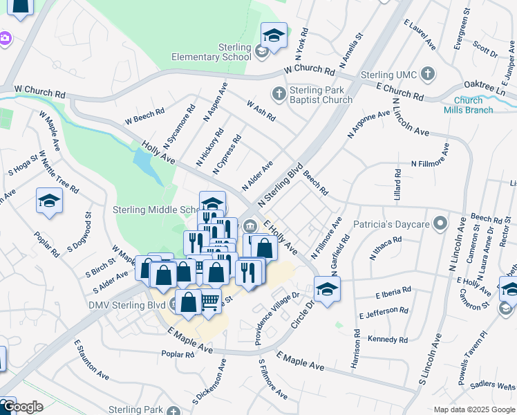 map of restaurants, bars, coffee shops, grocery stores, and more near 106 North Sterling Boulevard in Sterling