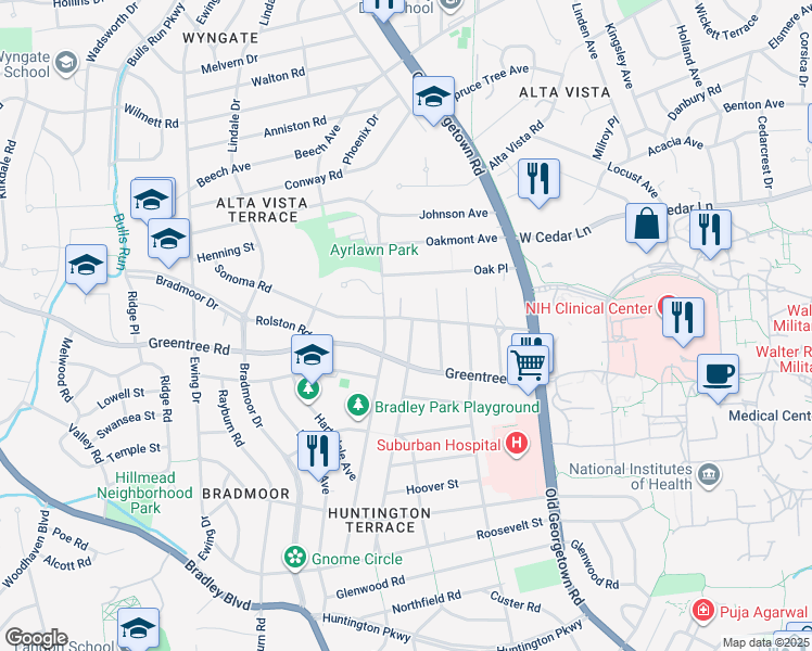 map of restaurants, bars, coffee shops, grocery stores, and more near 8916 Oneida Lane in Bethesda