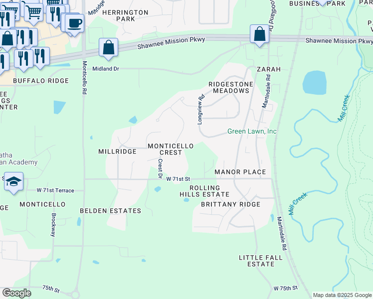 map of restaurants, bars, coffee shops, grocery stores, and more near 7003 Marion in Shawnee
